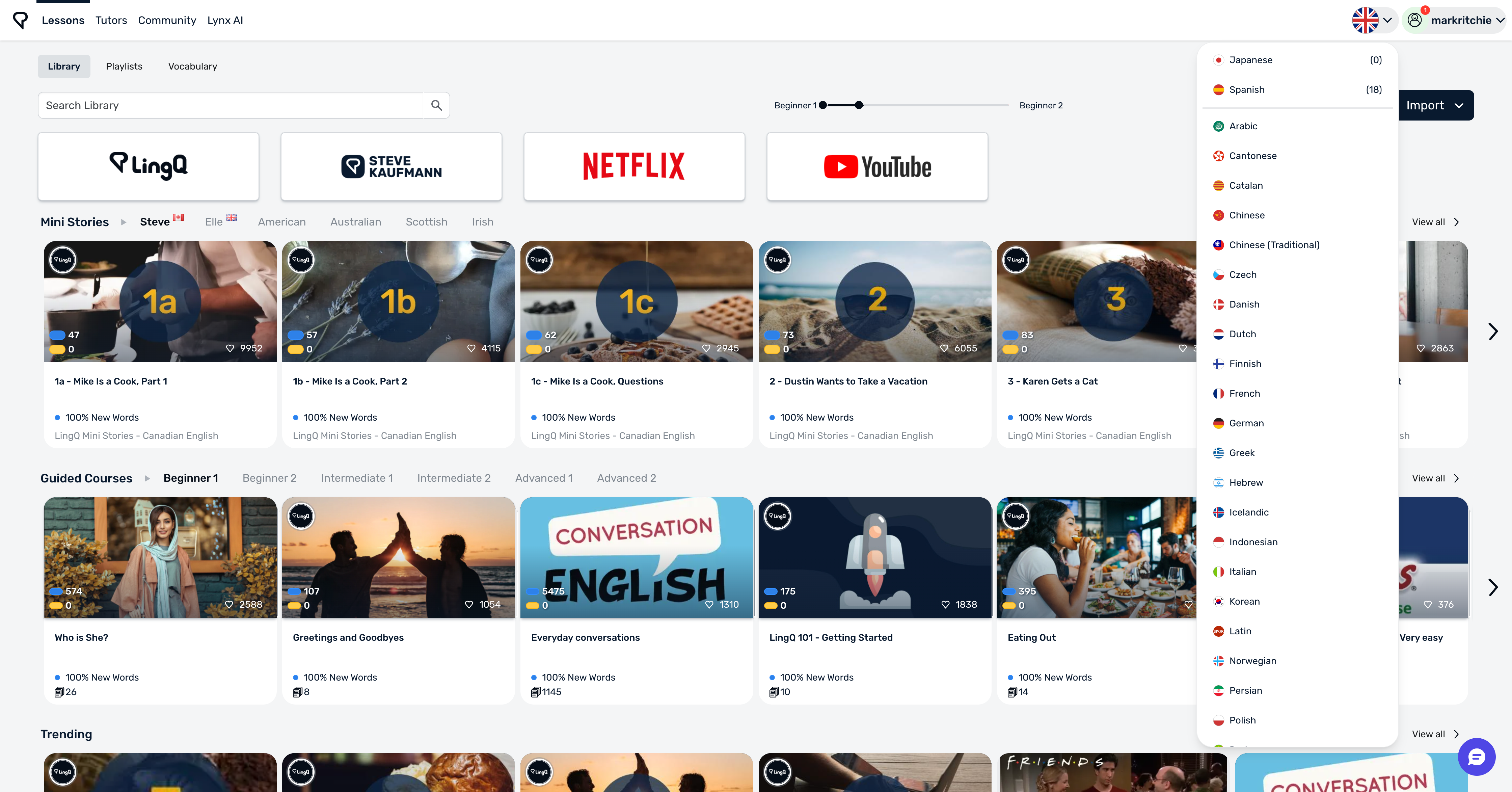 LingQ English language library homepage showing videos, podcasts and authentic learning content.