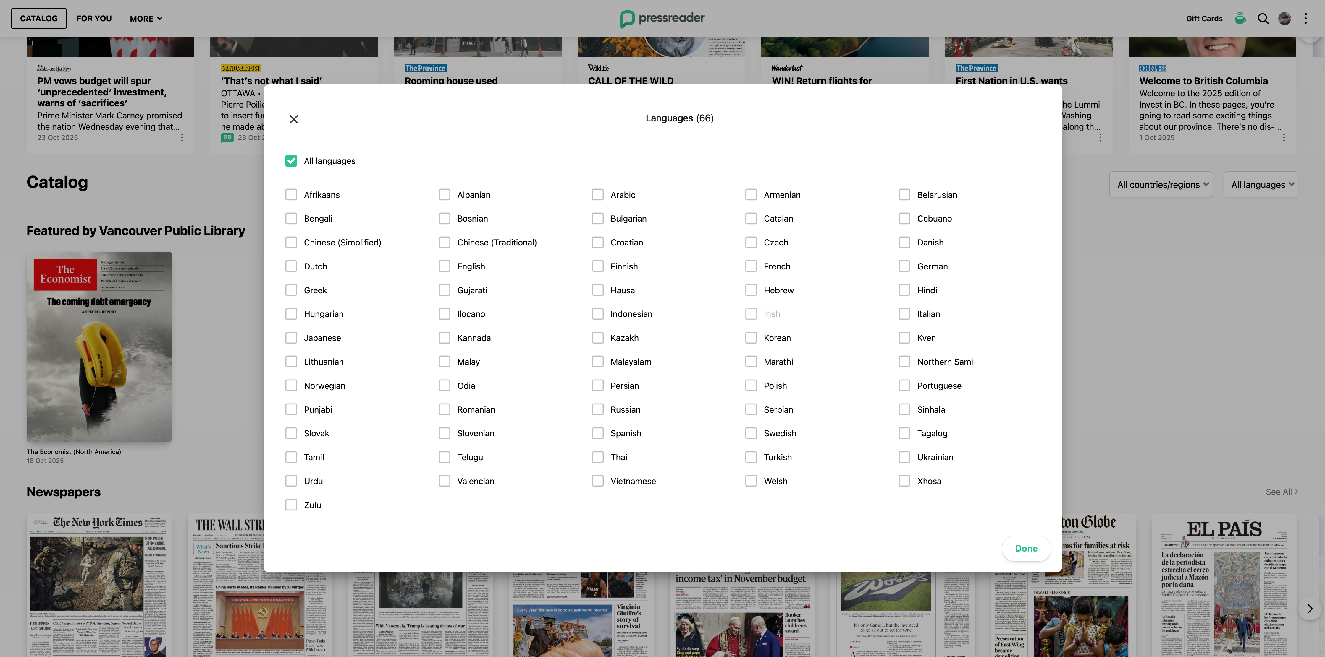 PressReader Languages