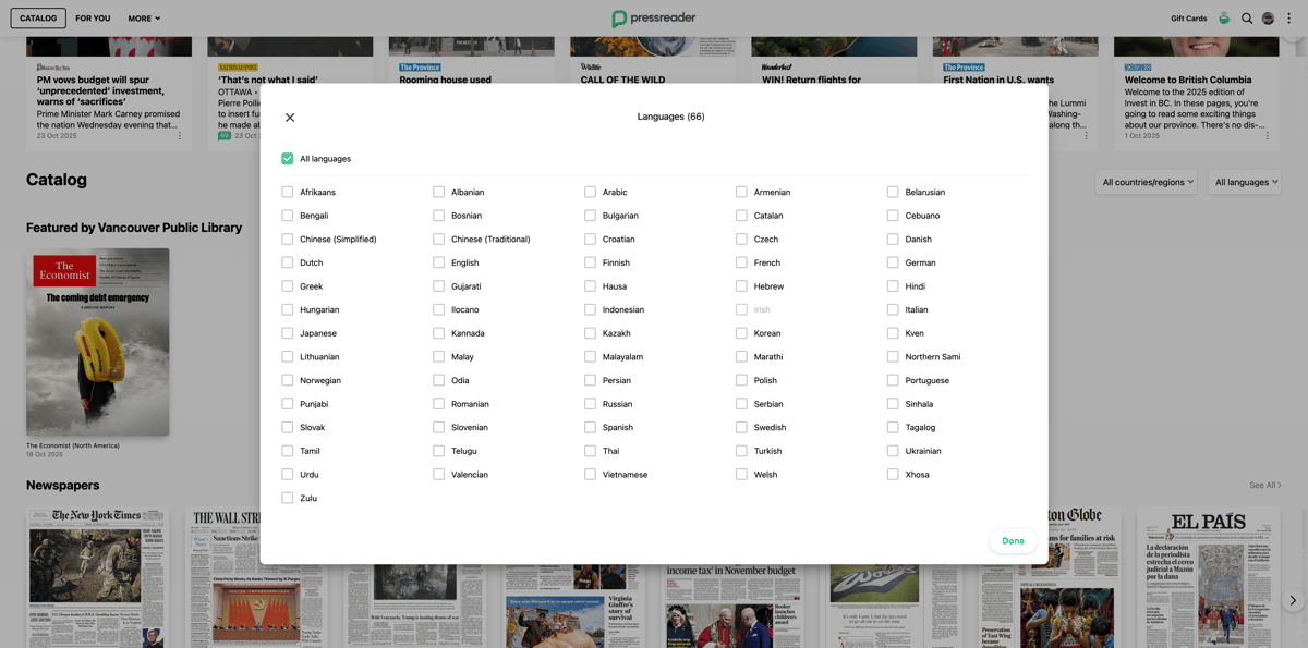 PressReader catalog — newspapers and magazines from around the world