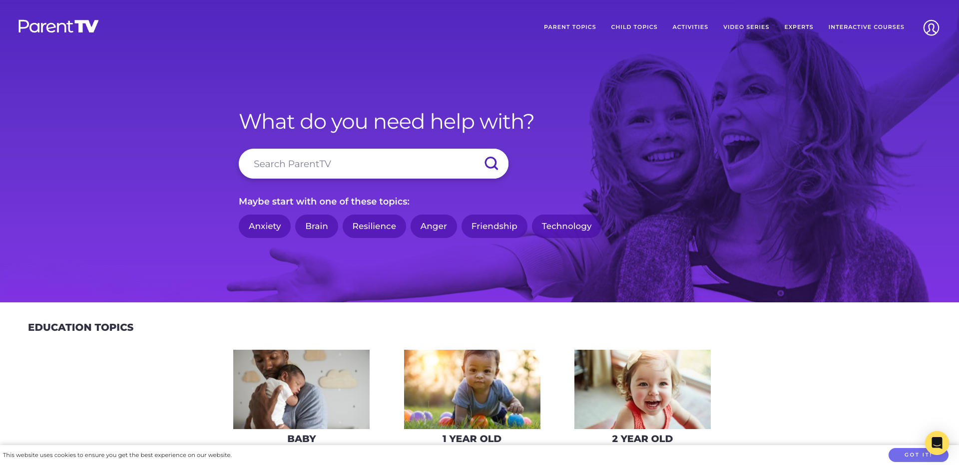 ParentTV homepage. Expert-led parenting platform offering videos, courses, and advise to help families navigate everyday challenges