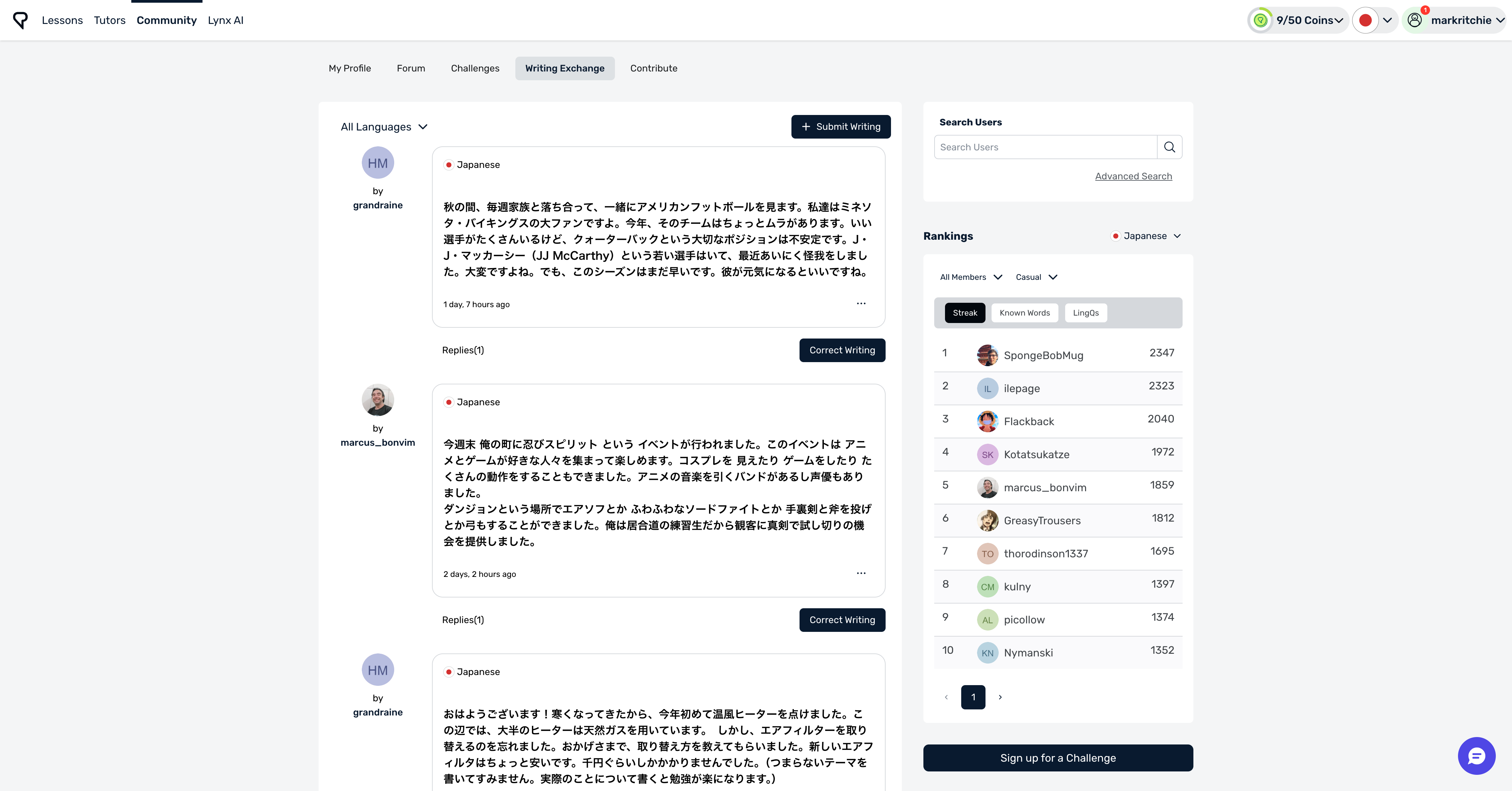 LingQ writing exchange to support and engage with native users of a specific language